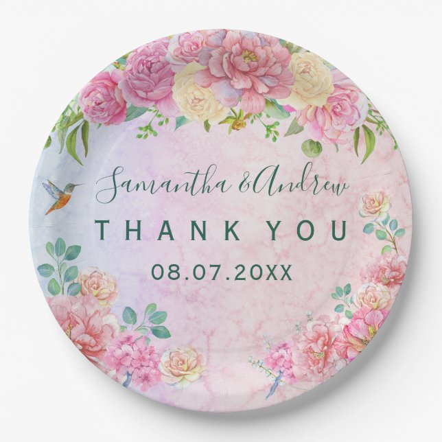 Grüne und rosa Aquarelltöne Pappteller (Vorderseite)