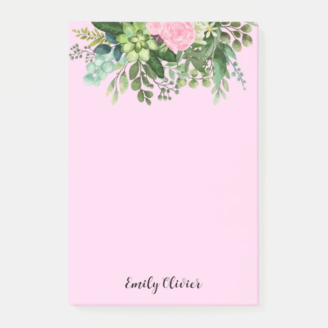 Grüne und rosa Blume - Individuelle Name Post-it Klebezettel (Vorderseite)