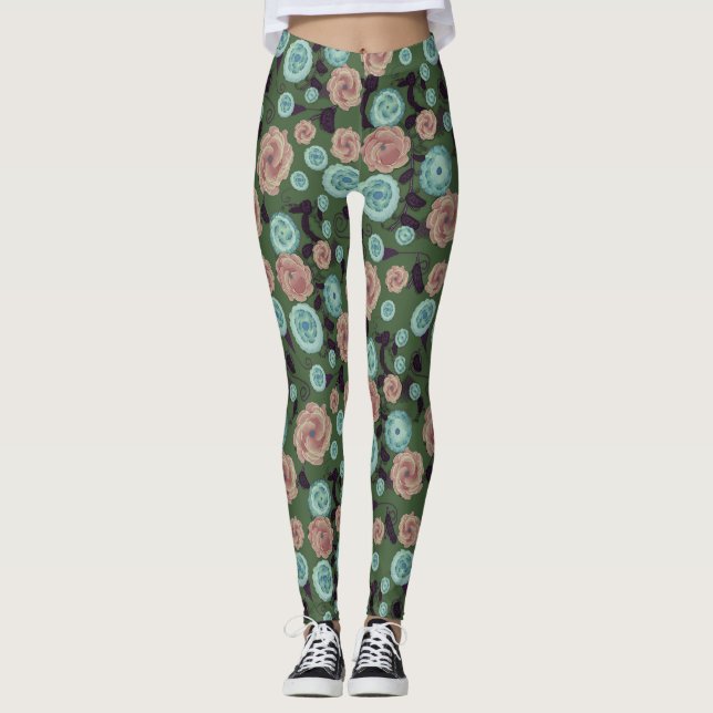 Grüne und rosa Blumenleggings Leggings (Vorderseite)