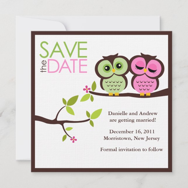 Grüne und rosa Owls Hochzeit Save The Date (Vorderseite)