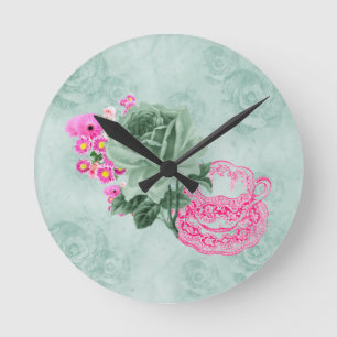 Grüne und rosa Vintage-Teetasse und Blumen runde W Wanduhr