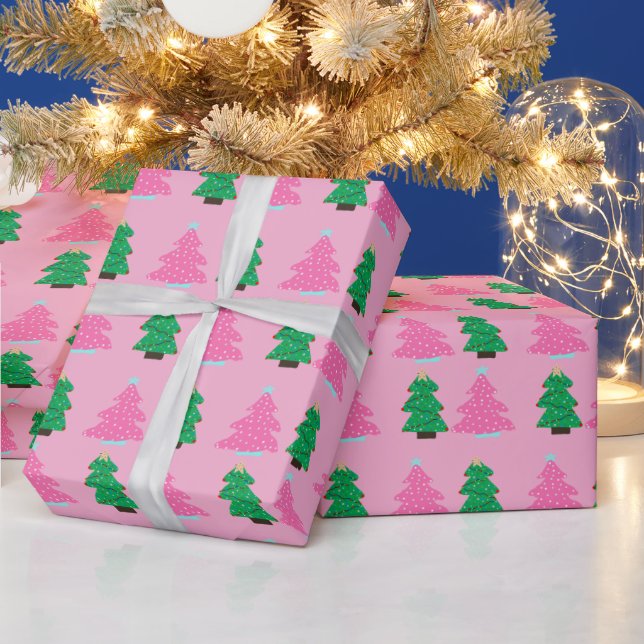 Grüne und rosa Weihnachtsbäume  Geschenkpapier (Feiertage)