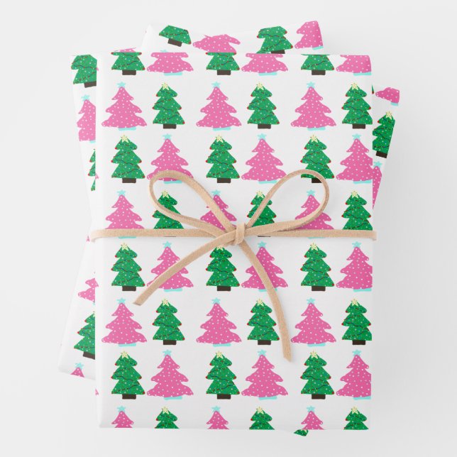 Grüne und rosa Weihnachtsbäume Geschenkpapier Set (Beispiel)