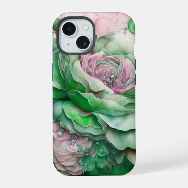 Grüne und rosafarbene Riesen-Rose iPhone 15 Hülle (Rückseite)