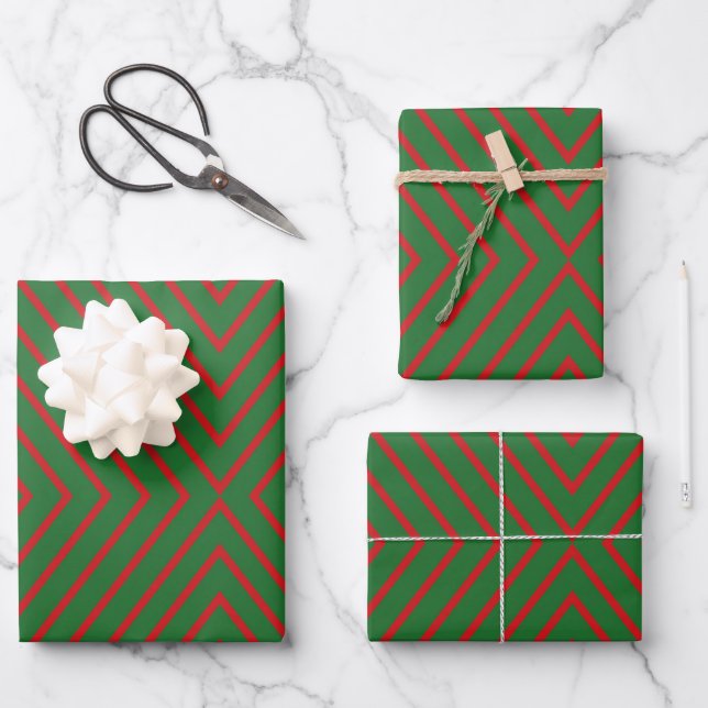 Grüne und rote diagonale Linien Geschenkpapier Set (Vorderseite)