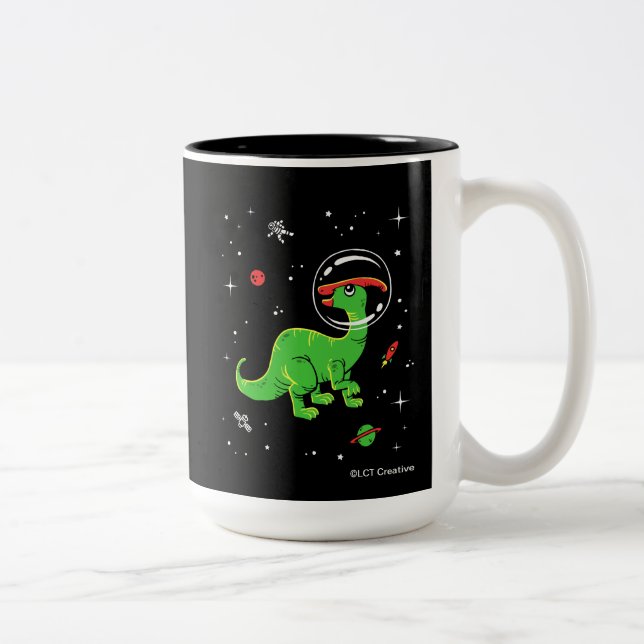 Grüne und rote Parasaurolophus Dinos im Weltraum Zweifarbige Tasse (Rechts)
