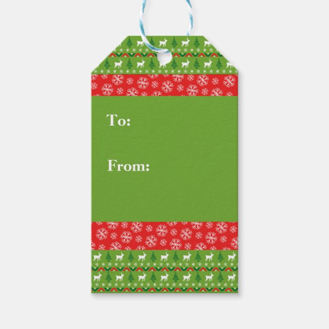 Grüne und rote Rentiere und Schneeflocken Geschenkanhänger (Vorderseite)