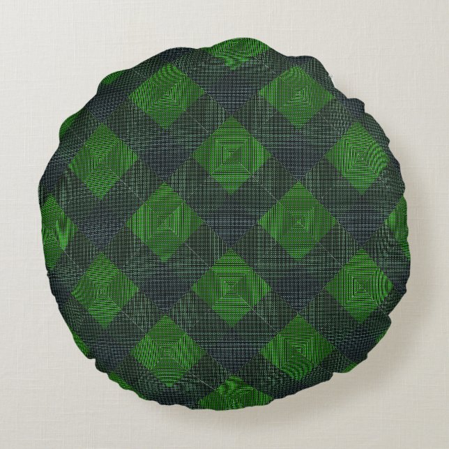 Grüne und schwarze geneigte Quadrate oder Schach Rundes Kissen (Rückseite)