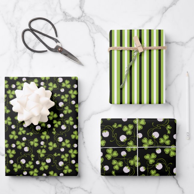 Grüne und schwarze Klee Geschenkpapier Set (Vorderseite)
