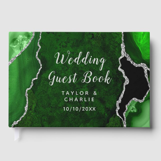 Grüne und silberne Achat-Marmor-Hochzeit Gästebuch (Vorderseite)