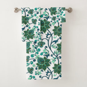 Grüne und Türkisblaue Paisley-Blumen  Badhandtuch Set