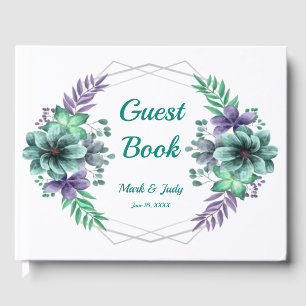 Grüne und violette Aquarell-Blumenhochzeit Gästebuch