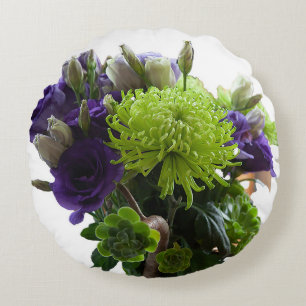 grüne und violette Blumen, rundes Kissen
