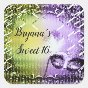Grüne und violette Maskerade-Maske Mardi Gras-Part Quadratischer Aufkleber
