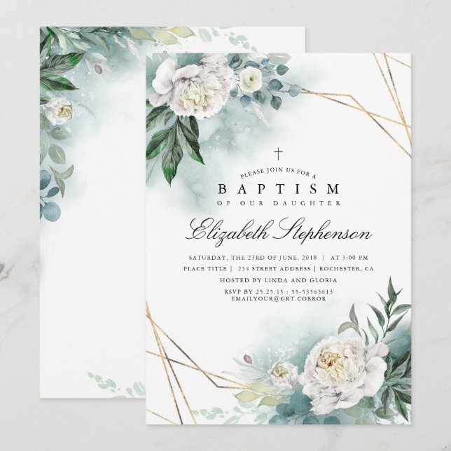 Grüne und weiße Blume Elegante Moderne Taufe Einladung (Vorne/Hinten)