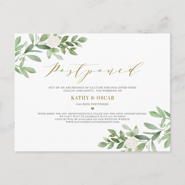 Grüne und weiße Blume Foto Hochzeitsaufschub Ankündigungspostkarte (Vorderseite)