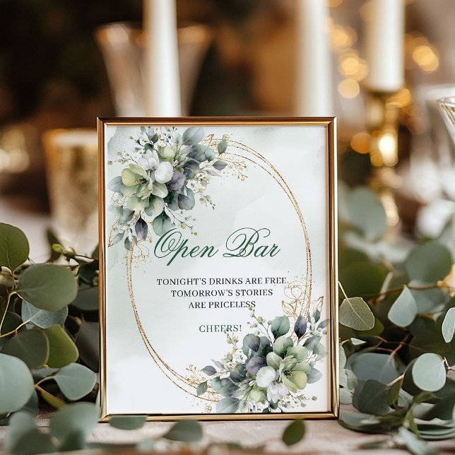 Grüne und weiße Boho-Open-Bar-Hochzeitstafel Poster (Green and White Boho Open Bar Wedding Sign)