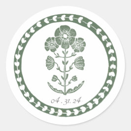 Grüne und weiße botanische Blockdruck-Hochzeit Runder Aufkleber