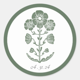 Grüne und weiße botanische Blockdruck-Hochzeit Runder Aufkleber