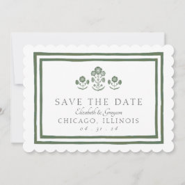 Grüne und weiße botanische Blockdruck-Hochzeit Save The Date