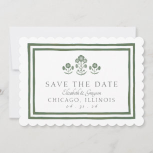 Grüne und weiße botanische Blockdruck-Hochzeit Save The Date