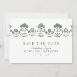 Grüne und weiße botanische Blockdruck-Hochzeit Save The Date