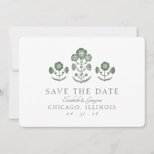 Grüne und weiße botanische Blockdruck-Hochzeit Save The Date