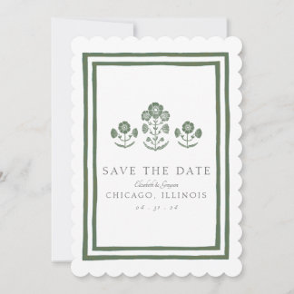 Grüne und weiße botanische Blockdruck-Hochzeit Save The Date