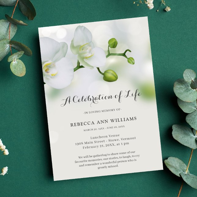 Grüne und weiße Orchideenfeier zur Beerdigung des  Einladung (Orchid Celebration of Life Invitation)