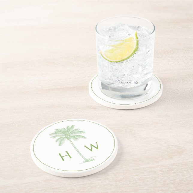 Grüne und weiße Palm-Palmetto-Baum-Monogramm Getränkeuntersetzer (Seite)