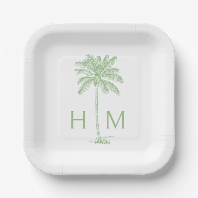 Grüne und weiße Palm-Palmetto-Baum-Monogramm Pappteller (Vorderseite)