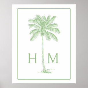 Grüne und Weiße Palm-Palmetto-Baum-Monogramm Poster