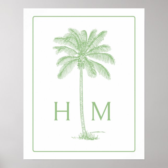 Grüne und Weiße Palm-Palmetto-Baum-Monogramm Poster (Vorne)
