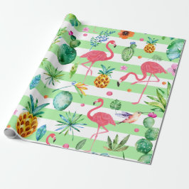 Grüne und weiße tropische Blume & Flamingos Geschenkpapier