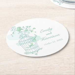 Grüne und weiße Vögel öffnen Käfig Hochzeit Unters Runder Pappuntersetzer