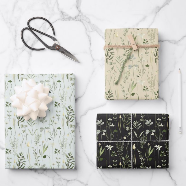 Grüne und weiße Wildblumen Geschenkpapier Set (Vorderseite)