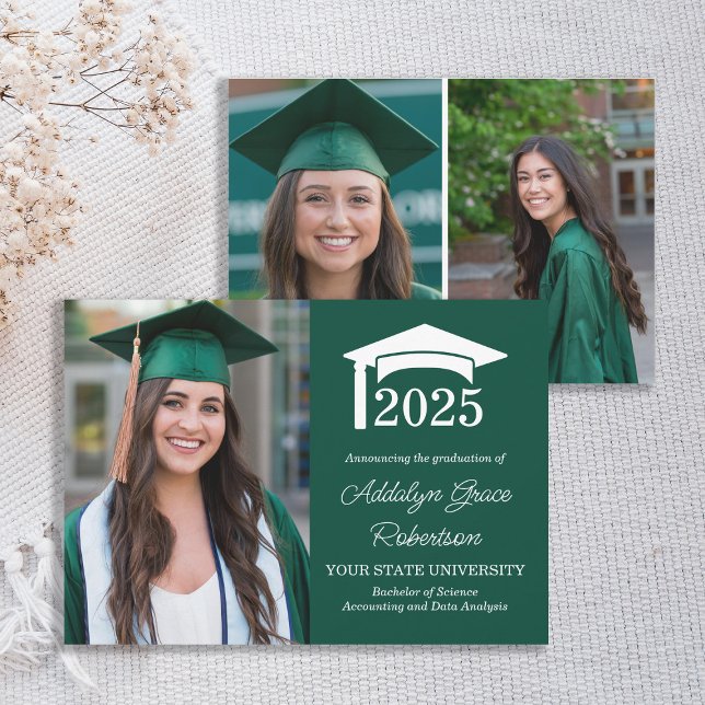 Grüne Uni 3 Foto Abschluss Ankündigung (Green and white 3-photo college of high school graduation announcement)