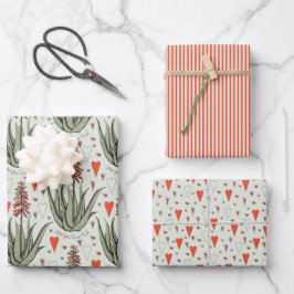 Grüne Valentine Aloe Succulents Stripes Hearts Geschenkpapier Set