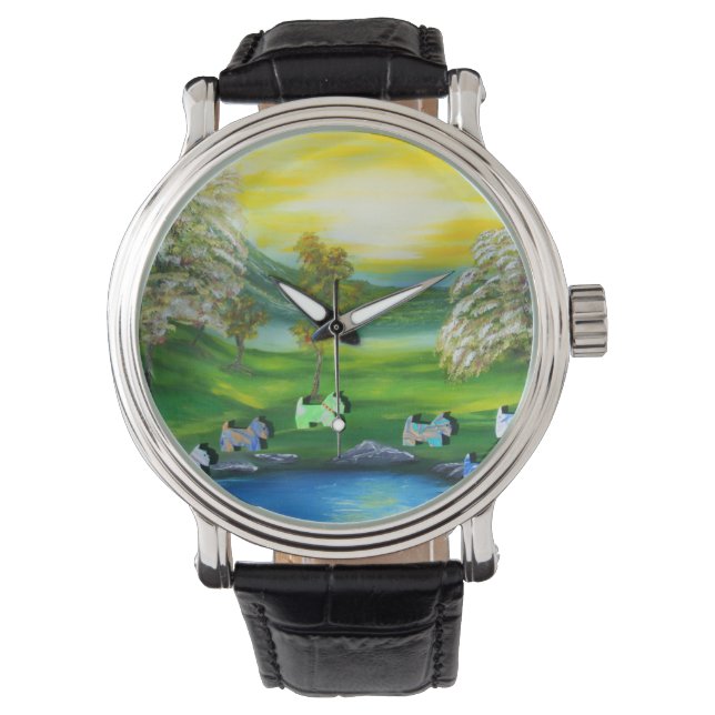 Grüne Venus-Schotten am Teich Armbanduhr (Vorderseite)