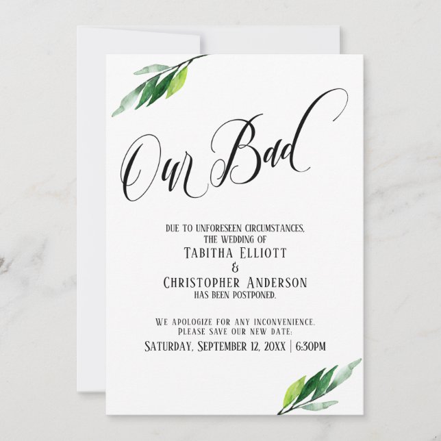 Grüne vertagte Hochzeit "Unsere schlechte" Ankündi Einladung (Vorderseite)