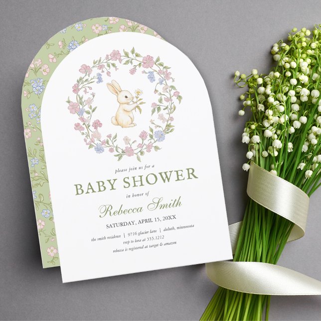 Grüne, Vintage Blütendusche Einladung (Green Delicate Vintage Floral Bunny Baby Shower Invitation)