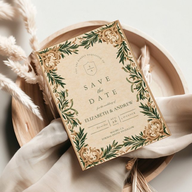 Grüne Vintage-Botanical-Hochzeit Save The Date (Von Creator hochgeladen)