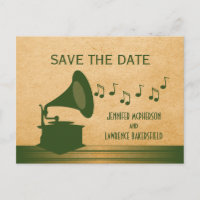 Grüne Vintage-Grammophon-Save-the-Date-Postkarte