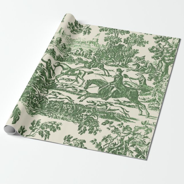 Grüne Vintage-Jagdpferde und -hunde Geschenkpapier (Ungerollt)