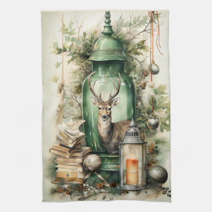 Grüne Vintage-Laterne Hirsch Bücher Weihnachten Geschirrtuch