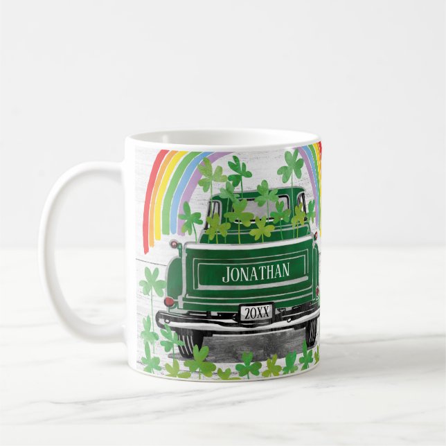 Grüne Vintage LKW Kleeblatt Regenbogenbezeichnung Kaffeetasse (Links)