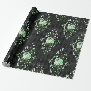Grüne Vintage-Rosen und schwarzes Harlekin-Muster Geschenkpapier