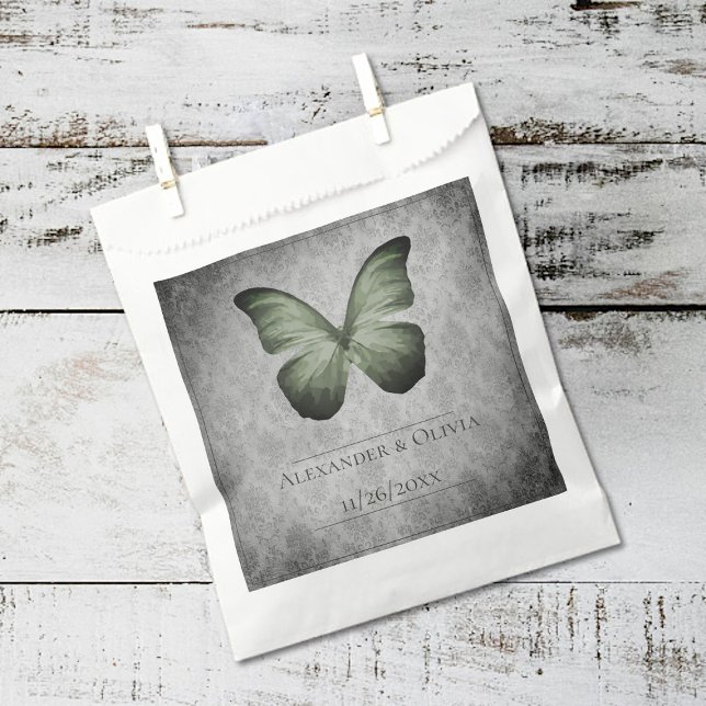 Grüne Vintage Schmetterlingsmaske Geschenktütchen (Green Vintage Butterfly Damask Wedding Favor Bags)