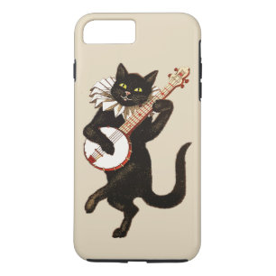 Grüne Vintage-Schwarze Katze spielt rotes Banjo iPhone 8 Plus/7 Plus Hülle
