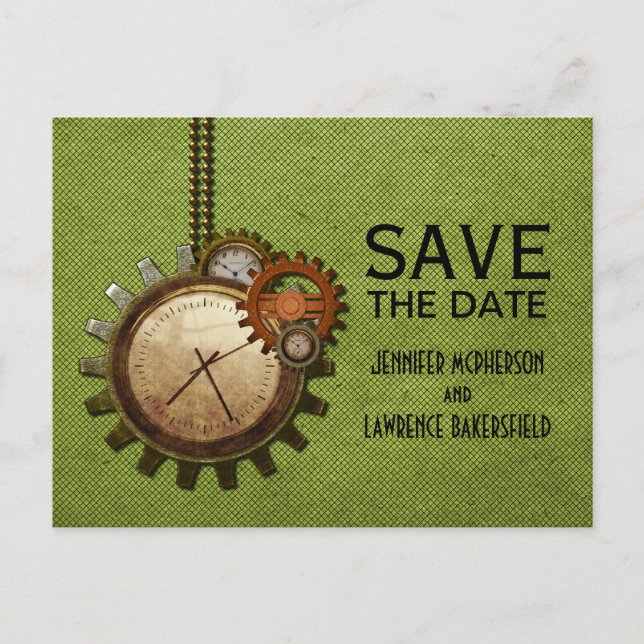 Grüne Vintage Uhr Save the Date Postkarte (Vorderseite)